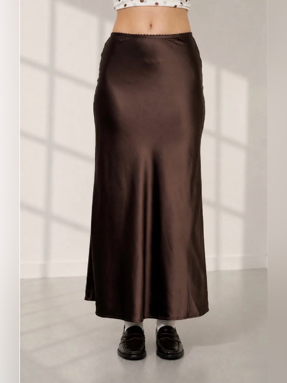 SATIN SLIP MIDI SKIRT-Brown